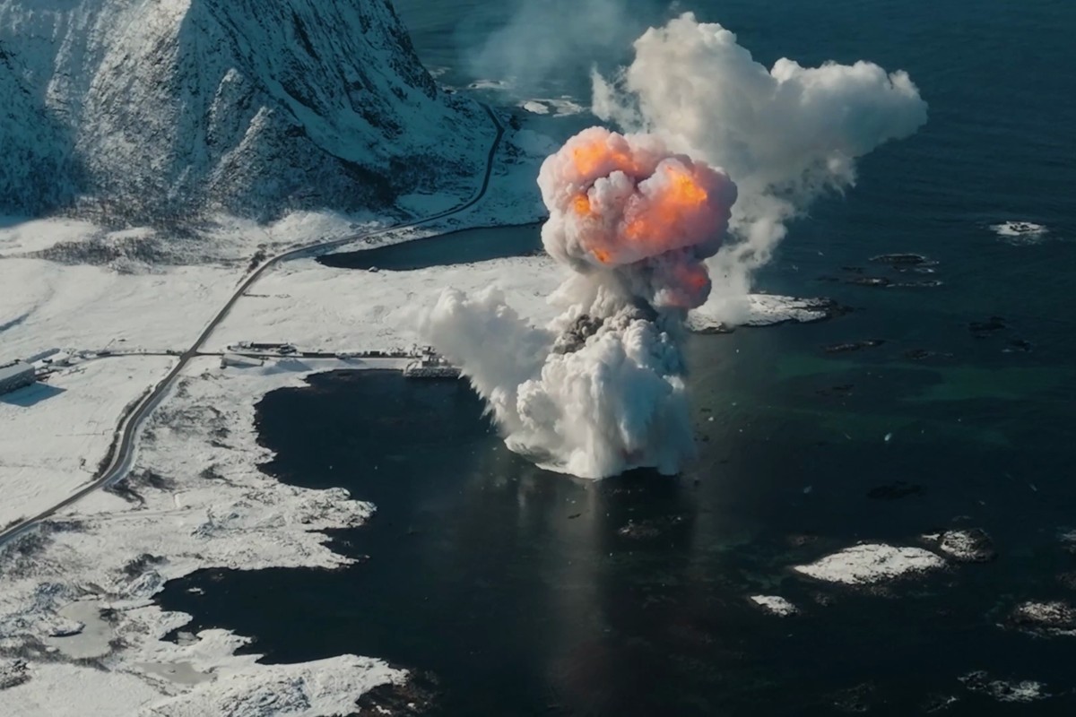 KEYPIX - epa11999665 A handout photo made available by Isar Aerospace, of the rocket 'Spectrum' of the German space company Isar Aerospace exploding during a failed lauch attempt at Andoya,  ...