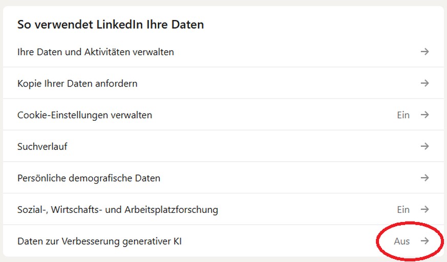 Wenn es geklappt hat, sollte nun die Einstellung «Daten zur Verbesserung generativer KI» auf «Aus» stehen.