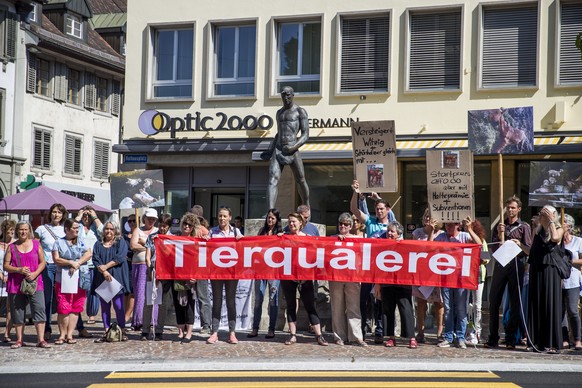 Tierschuetzer demonstrieren vor dem Ratsgebaeude am Mittwoch, 16. August 2017 in Frauenfeld. Die Thurgauer Regierung raeumt Fehler im Umgang mit dem mutmasslichen Tierquaeler von Hefenhofen ein. Weite ...