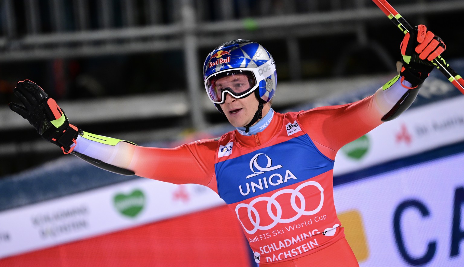 epa11099511 Marco Odermatt of Switzerland reacts in the finish area after the second run of the Men&#039;s Giant Slalom Night race of the FIS Alpine Skiing World Cup in Schladming, Austria, 23 January ...