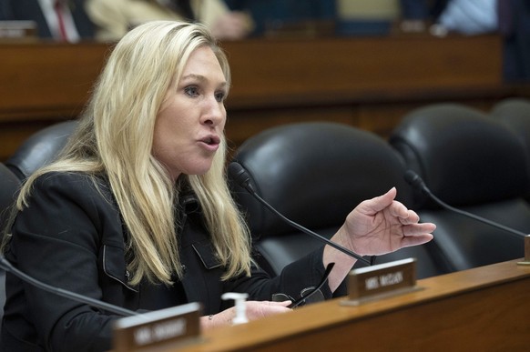 Rep. Marjorie Taylor Greene, R-Georgia, questions witnesses during the House Oversight and Accountability Committee&#039;s hearing about Congressional oversight of Washington, D.C., on Capitol Hill, W ...