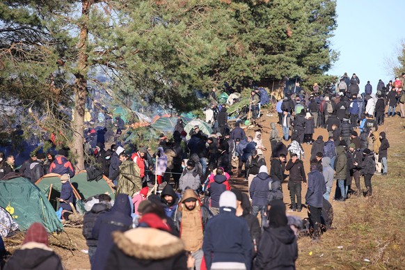 epa09572470 A handout picture made available by Belta news agency shows migrants gathering at the Belarus-Polish border in the Grodno region, Belarus, 09 November 2021. According to the State Border C ...
