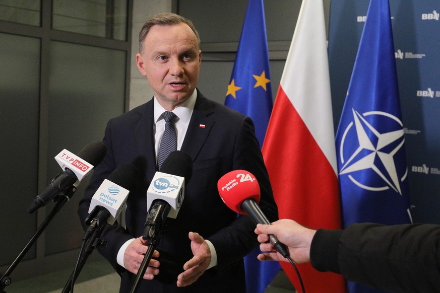 epa10307708 Polish President Andrzej Duda speaks during a press conference after a meeting of the Government Committee for National Defence and Defence Affairs at the National Security Bureau hedquart ...