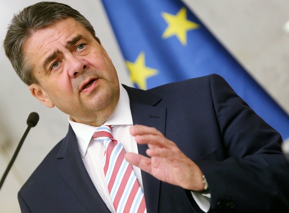 epa05904755 German Foreign Minister Sigmar Gabriel gestures during press conference with newly elected President of Serbia, Prime minister of Serbia Aleksandar Vucic (not pictured, during their meetin ...