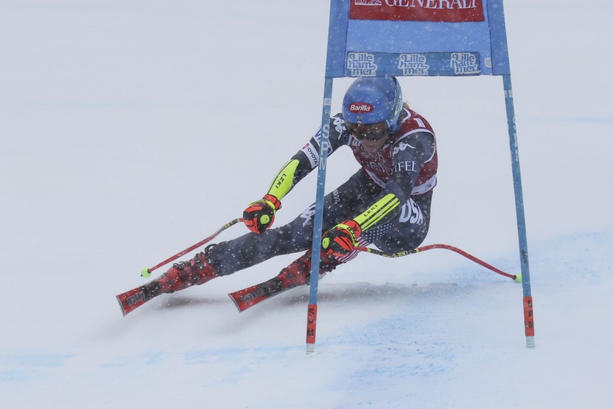 United States&#039; Mikaela Shiffrin speeds down the course during an alpine ski, women&#039;s World Cup super G race, in Kvitfjell, Norway, Sunday, March 5, 2023. (AP Photo/Marco Trovati)