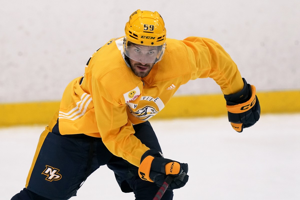 Nashville Predators' Roman Josi (59) runs a drill during NHL hockey training camp Friday, Sept. 23, 2022, in Nashville, Tenn. (AP Photo/Mark Humphrey)
Roman Josi