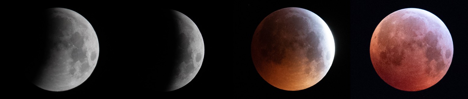 Die Kombo zeigt die verschiedenen Phasen der Mondfinsternis am Montag, 21. Januar 2019, ueber der Sophienalpe in Wien. (KEYSTONE/APA/GEORG HOCHMUTH)