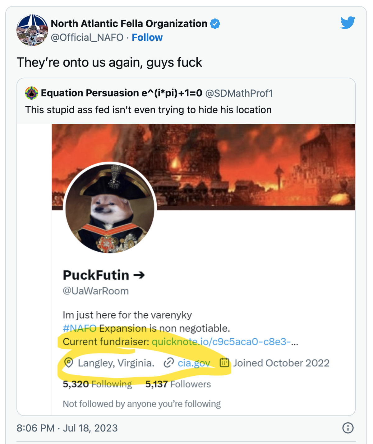 Es hat sich offenbar noch nicht bei allen Russland-Verstehern herumgesprochen, dass Nafo-Mitglieder in ihrem Twitter-Profil absichtlich «Langley, Virginia» angeben, also den Standort des US-Geheimdien ...