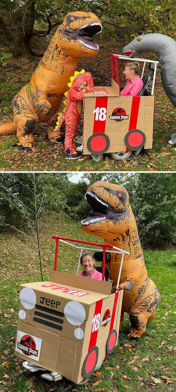 Cool Jurassic Park Halloween costume for ladies in a wheelchair.