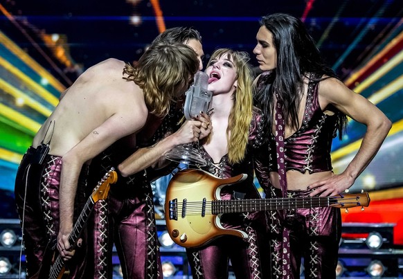 epa09221775 Maneskin from Italy with the song 'Zitti E Buoni' react after winning the Grand Final of the 65th annual Eurovision Song Contest (ESC) at the Rotterdam Ahoy arena, in Rotterdam,  ...
