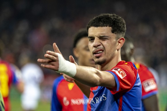 Basel&#039;s Zeki Amdouni cheers after scoring during the UEFA Conference League semifinal second leg match between Switzerland&#039;s FC Basel 1893 and Italy&#039;s ACF Fiorentina at the St. Jakob-Pa ...