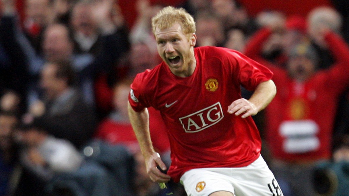 Manchester United's Paul Scholes celebrates scoring against Barcelona during their Champions League semifinal second leg soccer match at Old Trafford stadium in Manchester, England, Tuesday April ...