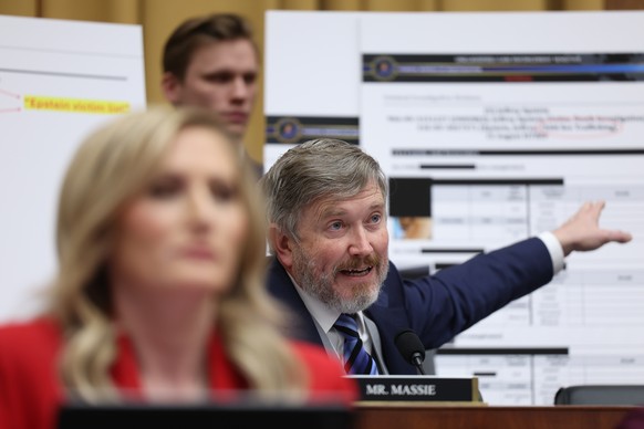 Rep. Thomas Massie, R-W.Va., questions Attorney General Pam Bondi as she testifies before a House Judiciary Committee oversight hearing on Capitol Hill in Washington, Wednesday, Feb. 11, 2026, in Wash ...