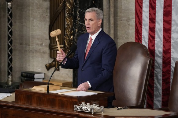 Speaker of the House Kevin McCarthy of Calif., ends the joint session of Congress after President Joe Biden delivered the State of the Union address at the U.S. Capitol, Tuesday, Feb. 7, 2023, in Wash ...