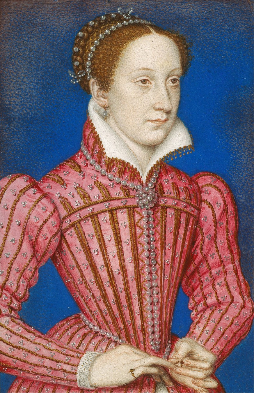 Mary Stuart, about 1558, in a portrait after François Clouet.  https://commons.wikimedia.org/wiki/File:Fran%C3%A7ois_Clouet__-_Mary,_Queen_of_Scots_(1542-87)_-_Google_Art_Project.jpg