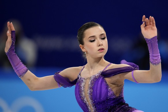 Kamila Valieva, of the Russian Olympic Committee,competes in the women&#039;s short program during the figure skating at the 2022 Winter Olympics, Tuesday, Feb. 15, 2022, in Beijing. (AP Photo/Natacha ...