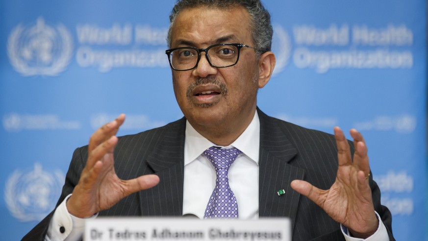 epa08363670 (FILE) - WHO Director General Tedros Adhanom Ghebreyesus speaks during a presser on the novel coronavirus disease COVID-19 at the World Health Organization (WHO) headquarters in Geneva, Sw ...