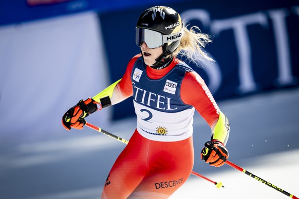 epa11988260 Lara Gut-Behrami of Switzerland reacts in the finish area second run of the women&#039;s Giant Slalom race at the FIS Alpine Ski World Cup Finals, in Sun Valley Resort, Idaho, USA, 25 Marc ...