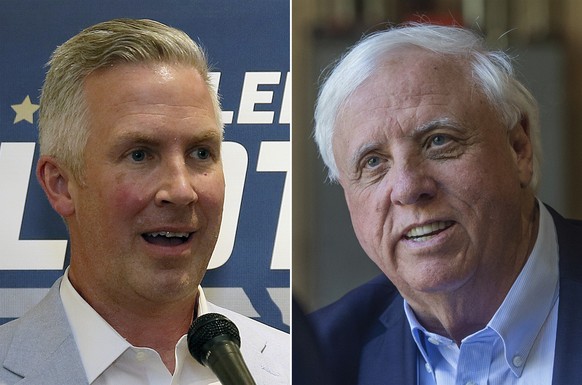 FILE - This combination of images shows from left, West Virginia Democratic Senate candidate Glenn Elliott in Wheeling, W.Va., on May 14, 2024, and Republican opponent Gov. Jim Justice in Huntington,  ...