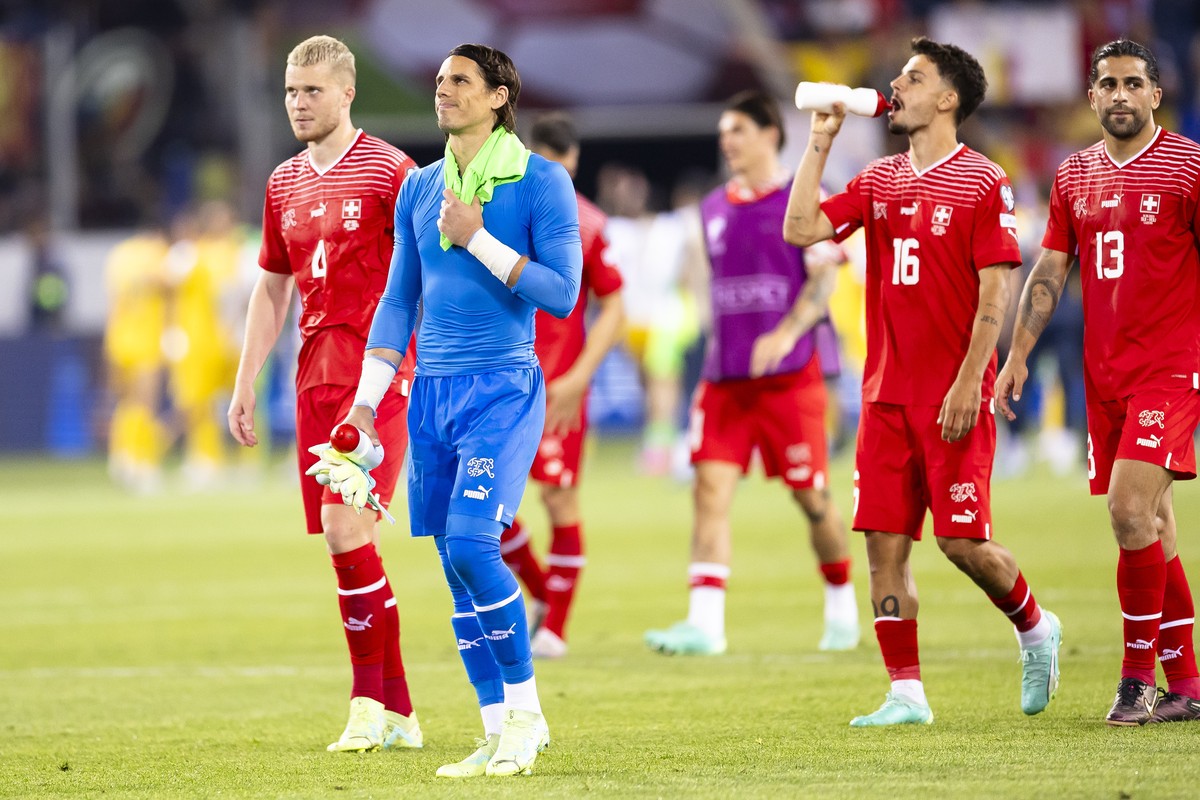 Switzerland's players react after the UEFA Euro 2024 qualifying group I soccer match between Switzerland and Romania at the Swissporarena stadium in Lucerne, Switzerland on Monday June 19, 2023.  ...