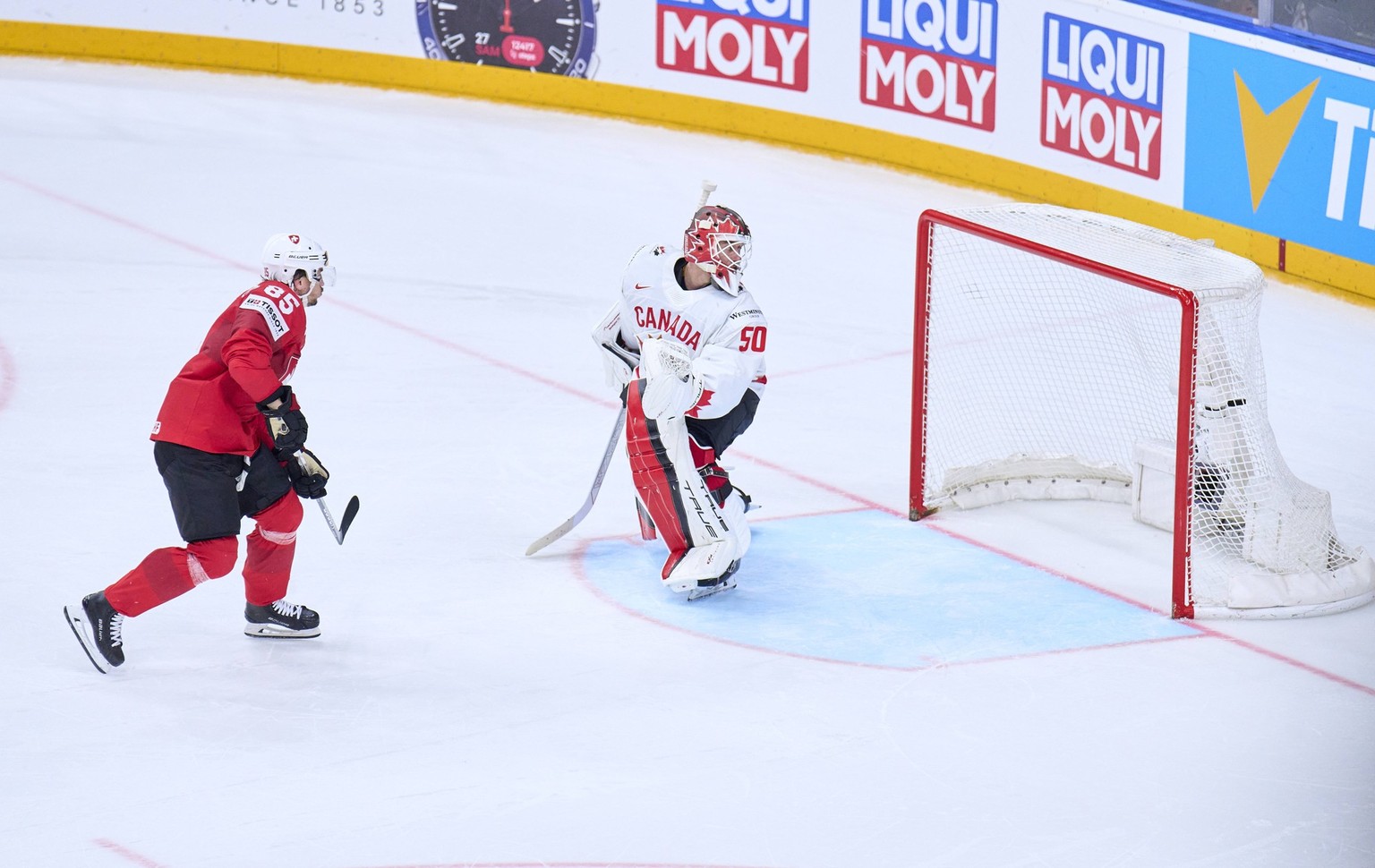 Sven Andrighetto SUI 85 scores, shoots goal , Tor, Treffer, Torschuss, against Jordan Binnington CAN 50 and celebrates the decision in the penalty shootout of the semi final match CANADA - SWITZERLAND ...