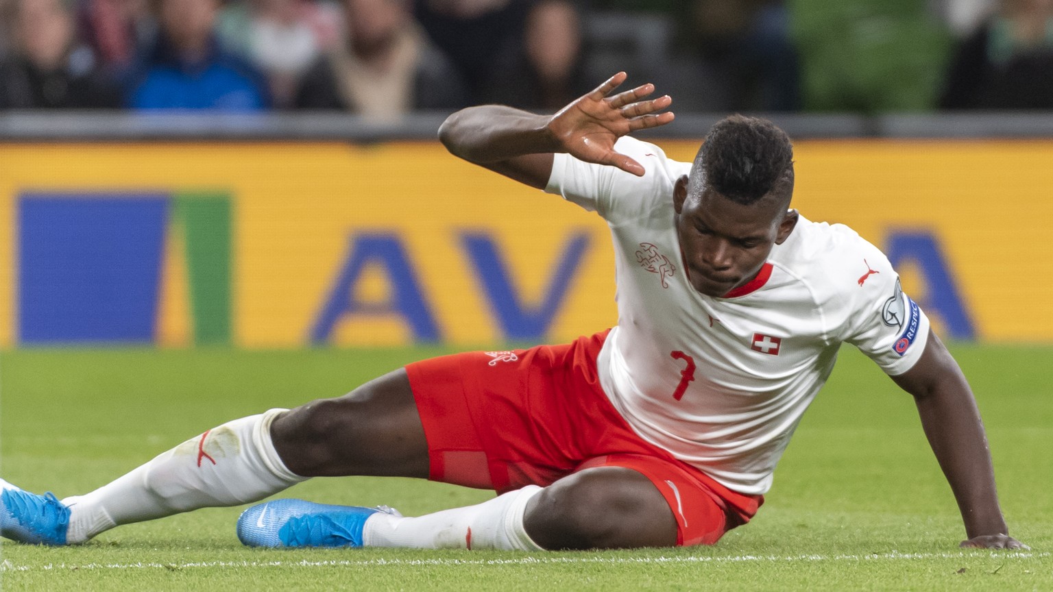 Switzerland&#039;s Breel Embolo reacts during the UEFA Euro 2020 qualifying Group D soccer match between the Republic of Ireland and Switzerland at the Aviva stadium in Dublin, Ireland, on Thursday, S ...