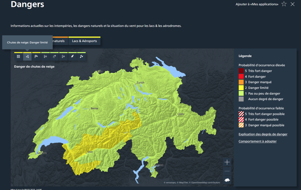 Carte des avis de dangers émis pour les chutes de neige, valide le 9 mars 2023 à 14h.