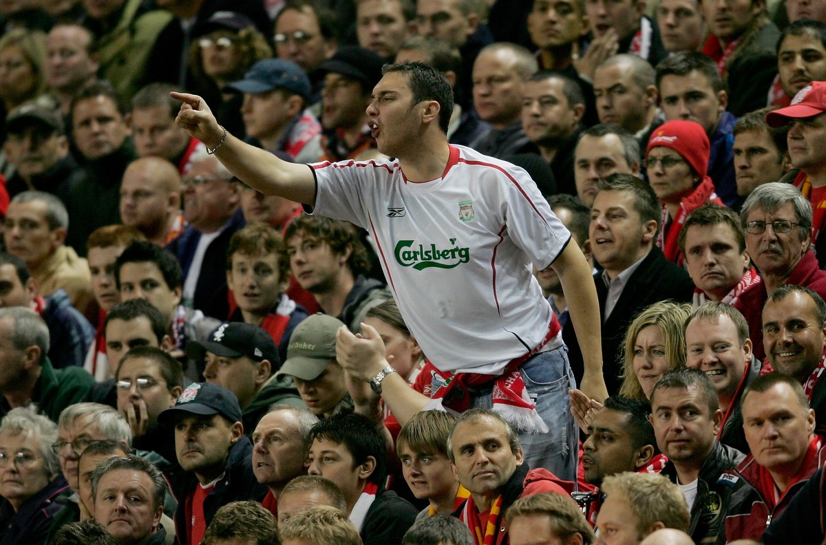 LIVERPOOL, UNITED KINGDOM - SEPTEMBER 28: A Liverpool fan shows his feelings during the UEFA Champions League Group G match between Liverpool v Chelsea at Anfield on September 28, 2005 in Liverpool, E ...