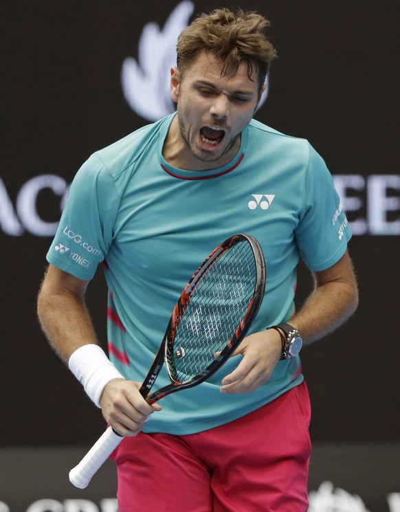 Switzerland&#039;s Stan Wawrinka yells while playing Serbia&#039;s Viktor Troicki during their third round match at the Australian Open tennis championships in Melbourne, Australia, Friday, Jan. 20, 2 ...