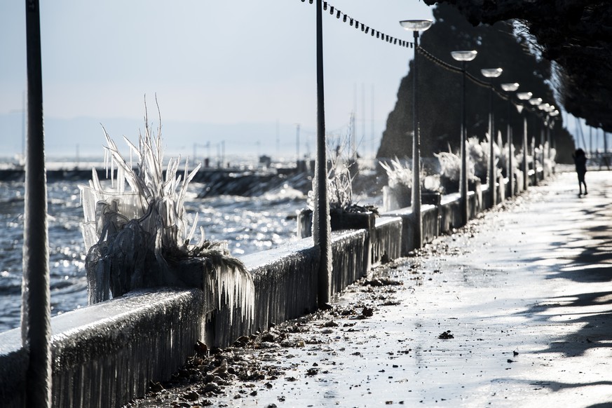 Une personne marche sur les quais ensevelie par la glace se formant suite au vent fort au bord du lac Leman ce mardi 17 janvier 2017 a Nyon dans le canton de Vaud. (KEYSTONE/Jean-Christophe Bott)