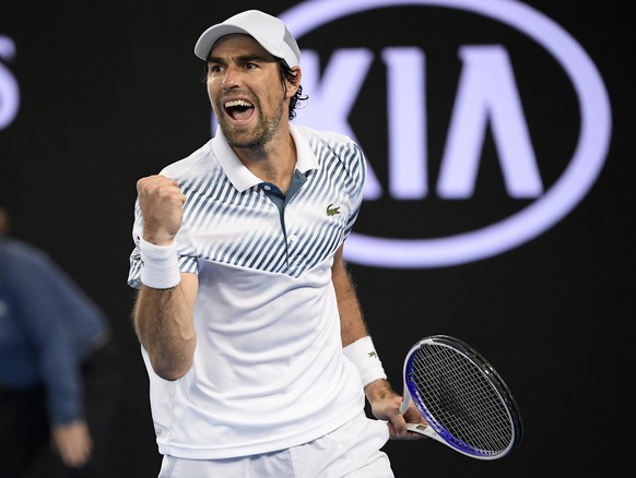 France&#039;s Jeremy Chardy reacts after winning the third set against Germany&#039;s Alexander Zverev at the Australian Open tennis championships in Melbourne, Australia, Thursday, Jan. 17, 2019. (AP ...