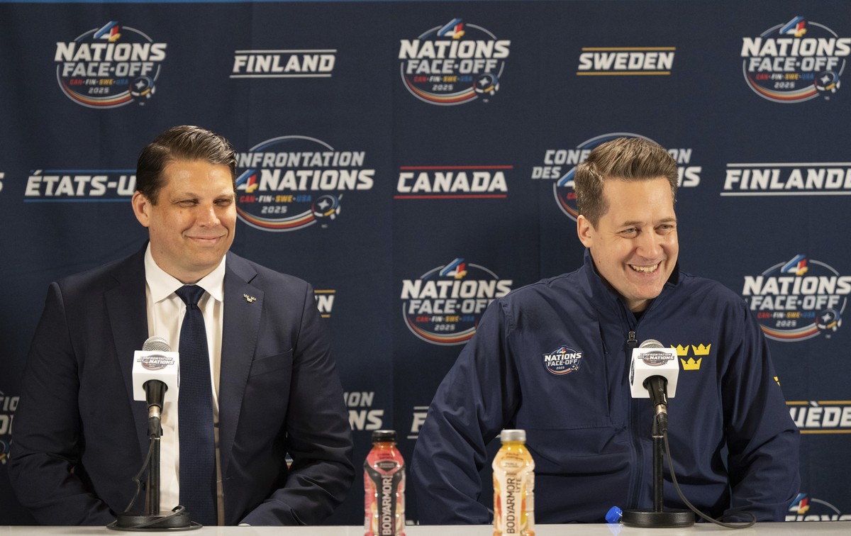 Sweden's general manager Anders Lundberg and head voach Sam Hallam speak to the media during practice for the 4 Nations Face-Off hockey tournament in Montreal, Tuesday, Feb. 11, 2025. (Christinne ...