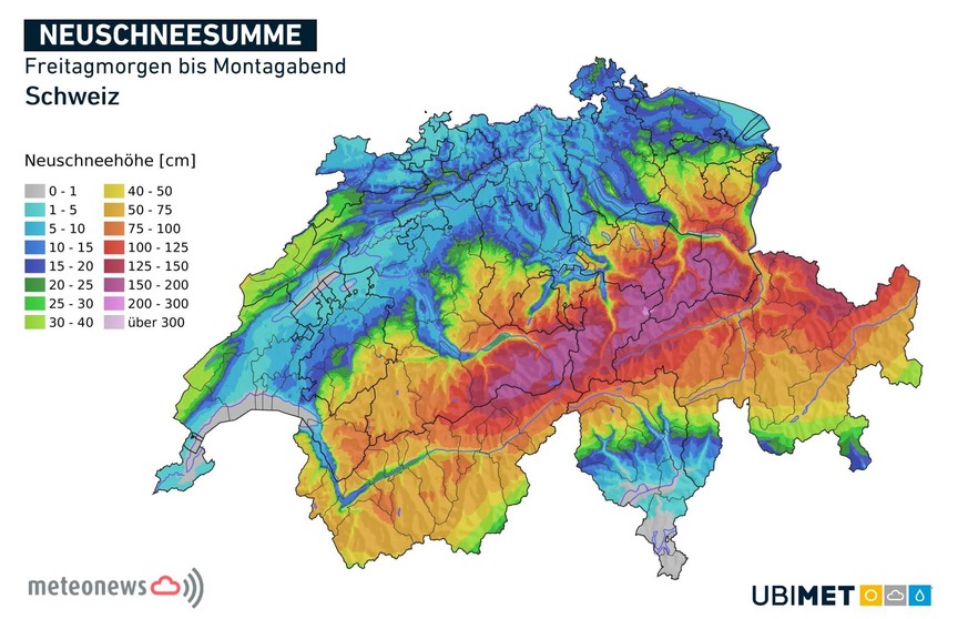 Die erwartete Neuschneesumme. Achtung: Hier illustriert ist die kumulierte Neuschneesumme, das heisst also nicht, dass dein Garten am Montagabend zwingend mit 10 cm Schnee bedeckt ist.