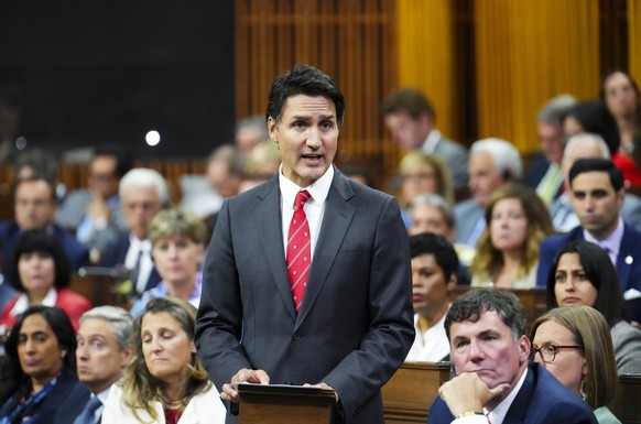 Canadian Prime Minister Justin Trudeau makes a statement in the House of Commons on Parliament Hill in Ottawa, Ontario on Monday, September 18, 2023.  (Sean Kilpatrick/The Canadian Press via AP)