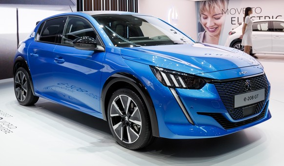 The New Peugeot 208 e is presented during the press day at the 89th Geneva International Motor Show in Geneva, Switzerland, Tuesday, March 5, 2019. The Motor Show will open its gates to the public fro ...