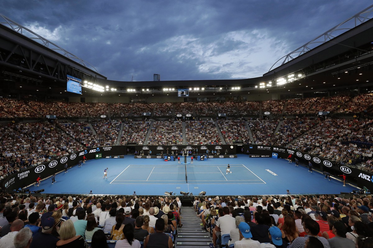 epa07317666 General view of tennis fans at the Rod Laver Arena watching the men's singles semi final match between Novak Djokovic of Serbia and Lucas Pouille of France at the Australian Open Gran ...