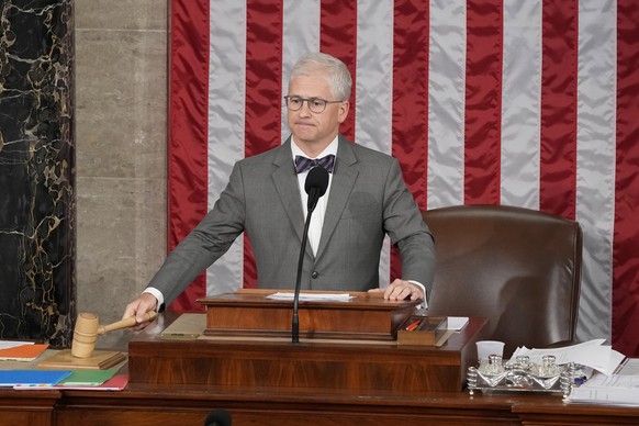 Temporary House leader Rep. Patrick McHenry, R-N.C., gavels the House into recess as he announces there was no winner for House speaker in the first ballot, as Republicans try to elect Rep. Jim Jordan ...