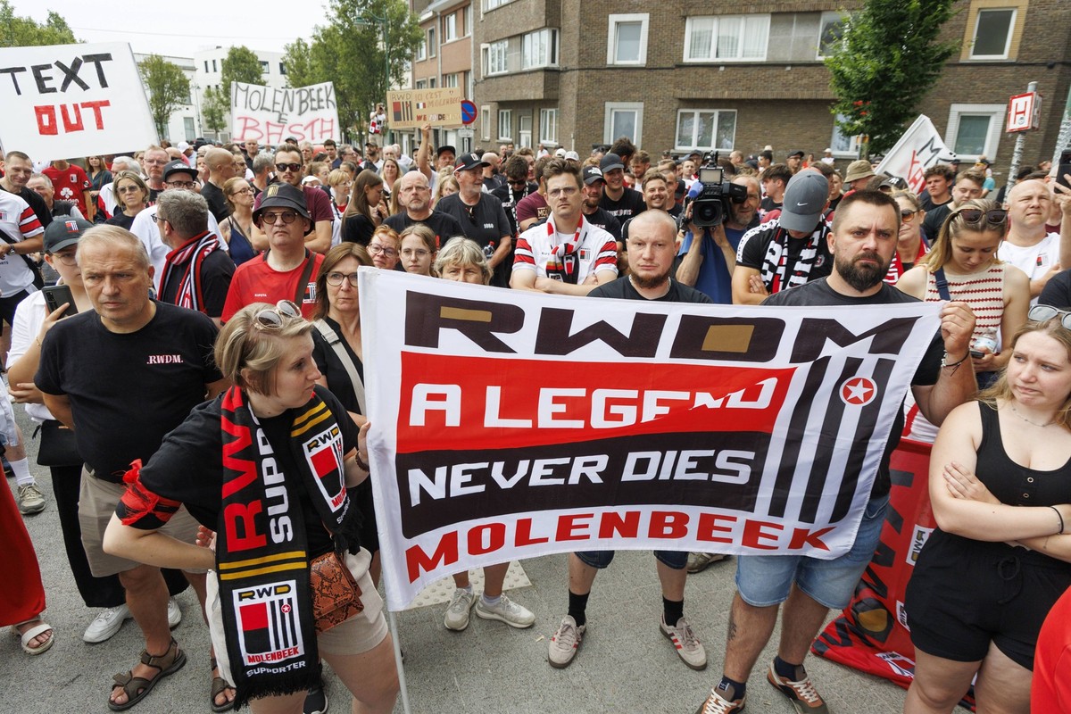 This picture is taken during a protest action of supporters of second division Challenger Pro League CPL soccer club RWD Molenbeek who are against the change of the name and logo of the club to Daring ...