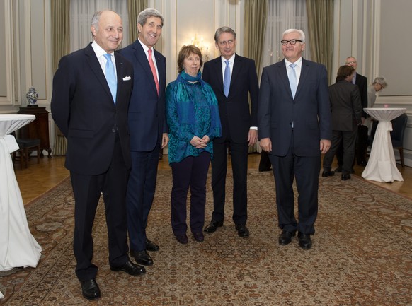 Das Verhandlungsteam des Westens:&nbsp;Laurent Fabius (Frankreich), John Kerry (USA), Catherine Ashton (EU), Philip Hammond (Grossbritannien) und Frank-Walter Steinmeier (Deutschland).&nbsp;