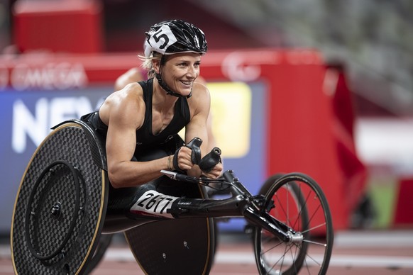 Manuela Schaer of Switzerland celebrates after the Women&#039;s 800m T54 Final competition at the 2020 Tokyo Summer Paralympics Games at the Olympic Stadium in Tokyo, Japan, Sunday, August 29, 2021. ( ...