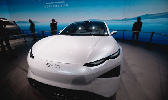epa12054010 A BYD concept car is on display at the booth of Chinese carmaker BYD during the first public day of the Shanghai Auto show, in Shanghai, China, 25 April 2025. The 21st Shanghai Internation ...