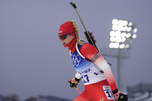 Amy Baserga of Switzerland skis during the women&#039;s 7.5-kilometer sprint competition at the 2022 Winter Olympics, Friday, Feb. 11, 2022, in Zhangjiakou, China. (AP Photo/Kirsty Wigglesworth)