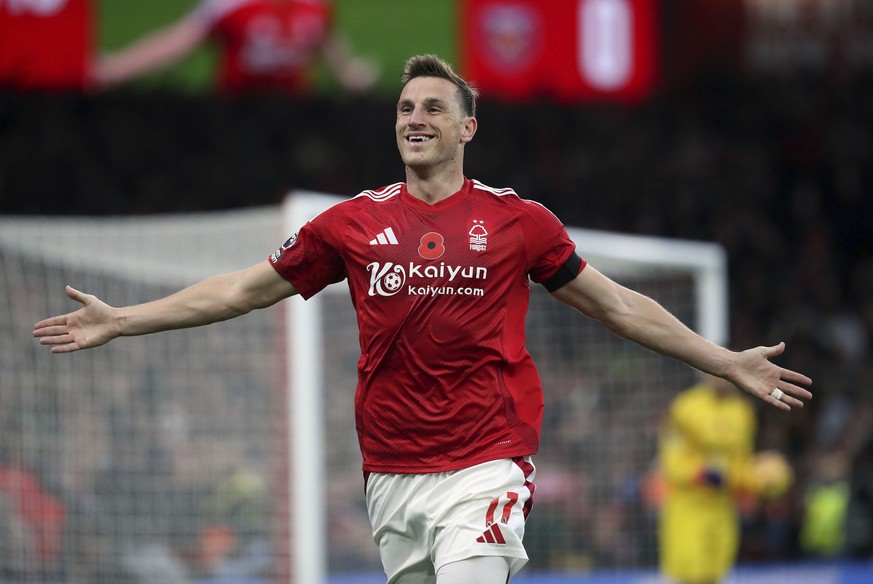 Nottingham Forest&#039;s Chris Wood celebrates scoring during the English Premier League soccer match between Nottingham Forest and West Ham United at the City Ground, Nottingham, England, Saturday No ...