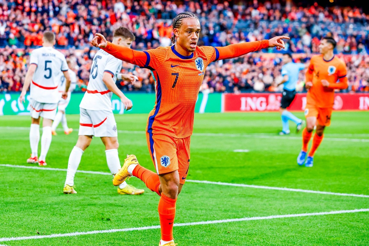 ROTTERDAM, 10-06-2024, Stadium de Kuip, Friendly match between Netherlands and Iceland. Netherlands player Xavi Simons scores the 1-0 Netherlands - Iceland friendly PUBLICATIONxNOTxINxNED x25463913x C ...