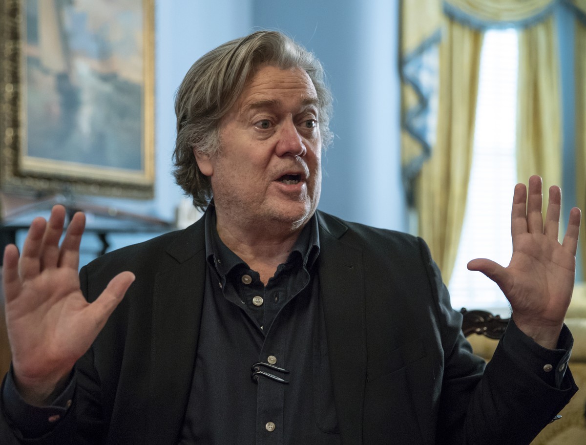 Steve Bannon, President Donald Trump's former chief strategist, talks about the approaching midterm election during an interview with The Associated Press, Sunday, Aug. 19, 2018, in Washington. B ...