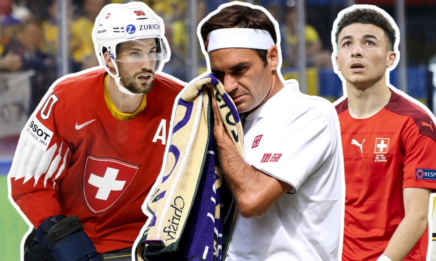 Roman Josi, Roger Federer und Ruben Vargas – drei enttäuschte Gesichter nach einer schmerzlichen Niederlage.