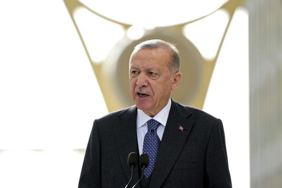 Turkish President Recep Tayyip Erdogan speaks during a visit to the Dubai Expo 2020 for a Turkish national day ceremony, in Dubai, United Arab Emirates, Tuesday, Feb. 15, 2022. Erdogan spent his secon ...