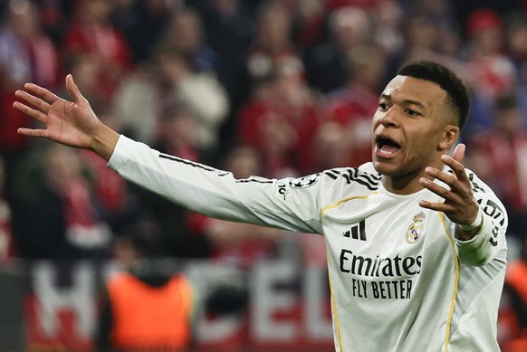 epa12892512 Kylian Mbappe of Real Madrid gestures during the UEFA Champions League quarter-finals, 2nd leg match FC Bayern Munich against Real Madrid, in Munich, Germany, 15 April 2026. EPA/RONALD WIT ...