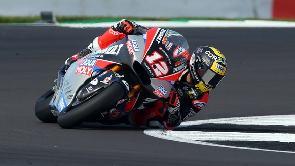 epa07790001 Swiss Moto2 rider Thomas Luthi of the Dynavolt Intact GP Team in action, during the Moto2 practice session of the 2019 Motorcycling Grand Prix of Britain at the Silverstone race track, Nor ...