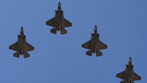 A squadron U.S. Air Force F-35 Lightning II aircraft flyover as President Donald Trump greets Polish President Karol Nawrocki at the White House, Wednesday, Sept. 3, 2025, in Washington. (AP Photo/Ale ...
